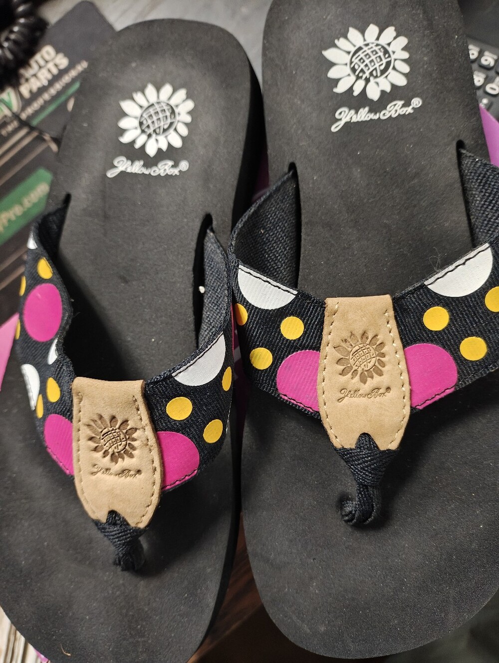 Yellow Box Black Flip Flops with Pink and Yellow Polka Dots